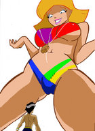 breasts drawing giantess blonde color low_angle shrunken_men looking_down clover hot_air_balloon point_of_view totally_spies looking_at_tiny makeshift_clothing