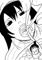 drawing vore blushing monochrome shrunken_woman jitensha point_of_view noodles looking_at_tiny