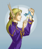 drawing vore color handheld finger elf shrunken_woman hooves dangle between_fingers draenei poking donutwish looking_at_tiny