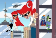 breasts drawing giantess city mega dog color rampage skirt buildings helicopter glasses green_eyes climbing angry superhero socks red_hair ponytail cartoon giantesses pants scientist hiding costume cape sisters lab_coat johnny_test cartoon_network mary_test susan_test