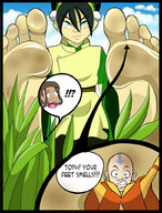 drawing feet comic color barefoot soles climbing low_angle shrunken_men shrunken_woman shrunken_man sky avatar toph point_of_view looking_at_viewer katara aang