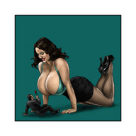 drawing small_man size_difference color clothed high_heels huge_breasts smiling amazon nylons underneath flower biggals