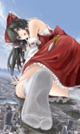 drawing giantess feet city mega black_hair color long_hair destruction soles touhou ribbon smiling socks crawling kneeling black_eyes jets sky bow looking_back hair_bow looking_at_viewer bare_shoulders reimu_hakurei behind_angle tabi_socks sonnano detached_sleeves hair_tubes