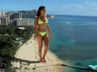 breasts giantess collage mega black_hair swimsuit beach barefoot cleavage ocean buildings wonderslug foot_print sand dark_skin palm_trees beyonce