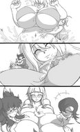 breasts drawing monochrome multiple_giantesses multiple_sizes shrunken_people