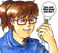 drawing giantess vore color handheld glasses brunette brown_eyes ponytail boots shrunken_woman jumpsuit dialogue tmnt april imminent_vore teenage_mutant_ninja_turtles irma reporter april_oneil no_background looking_at_tiny