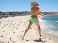 giantess collage blonde swimsuit beach barefoot foot_crush sand bystanders docop behind_view