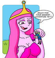 drawing color handheld cleavage shrunken_man outdoors between_fingers licking_lips adventure_time finn princess_bubblegum looking_at_tiny cartoon_network