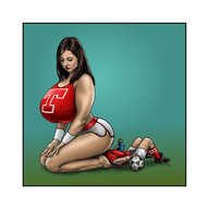 breasts drawing gentle giantess feet color long_hair skirt butt_crush huge_breasts brunette domination unknown_artist legs amazon facesitting sports cheerleader_outfit butt_smother biggals