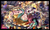 drawing giantess city mega blonde color long_hair destruction rampage angry blood ponytail hand hand_crush idkura soldiers bryan_lobdell goblins