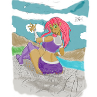 drawing giantess city mega alien color butt destruction skirt butt_crush green_eyes teen_titans red_hair starfire boots fire top star recolor dc_comics bare_midriff