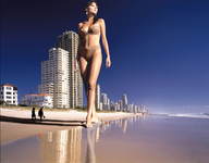 giantess crush collage mega dog long_hair beach barefoot buildings brunette foot_crush legs unaware sand under_foot earrings seashore accasbel evening_sky