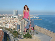 giantess collage city destruction clothed beach ocean high_heels buildings sitting people vehicles garcia_accasbel looking_at_viewer damage