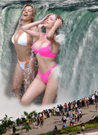 gentle collage blonde swimsuit multiple_giantesses waterfall shower wonderslug people crowds showering