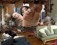 giantess collage feet mega long_hair destruction toes barefoot soles brunette hole nikemd pedicure nail_polish looking_at_viewer sofa apartment damage looking_in
