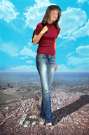 giantess collage landscape city mega destruction clothed shoes brunette unknown_artist walking foot_print under_foot suburbs