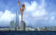 collage city water brunette posing athletic sky standing_on_one_leg