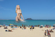 breasts giantess collage nude blonde beach ocean unknown_artist sand people looking_at_viewer beach_goers