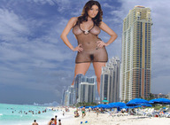 breasts giantess collage beach buildings brunette unknown_artist sand people sky looking_at_viewer beach_goers see_through_clothing