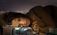 giantess collage city buildings brunette brown_eyes lying_down hand shrunken_people night nikemd rings rooftop looking_at_tiny