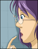 drawing giantess blue_eyes finger glasses anime purple_hair shrunken_men hand face close_up nose mukatkikaarn asking_question proposition