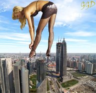 giantess collage city blonde high_heels nylons bending_over fishnets highway vehicles skyscrapers shangai ggd