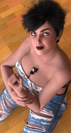 breasts giantess cleavage short_hair shrunken_woman looking_at_viewer top_angle boomgts digital_render between_breasts