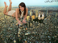 giantess collage city mega barefoot high_heels brunette lying_down tokyo skyscrapers looking_at_viewer ggd