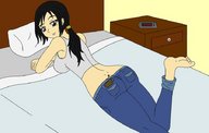 drawing gentle color clothed barefoot bed climbing pillow lying_down shrunken_man bedroom looking_back screeeow