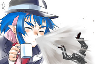 drawing giantess color clothed klan_klein shrunken_men drink cup hat spit_out