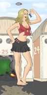 drawing giantess blonde color handheld barefoot cleavage skirt cheerleader shrunken_men dangle movie_set sky between_fingers cheerleader_outfit hands_on_hips attack_of_the_fifty_foot_cheerleader looking_at_tiny makeshift_clothing