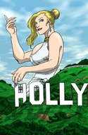 breasts drawing giantess mega blonde color blue_eyes low_angle dress grass sky earrings hillside hollywood_sign hair_bun