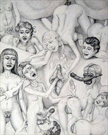 drawing giantess nude pussy monochrome male penis orgasm orgy shrunken_men shrunken_people