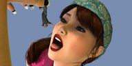 vore shrunken_men hand open_mouth dangle sky between_fingers manicure giantess_face mike973 looking_at_tiny digital_render
