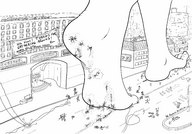 drawing giantess crush feet monochrome barefoot buildings soles shrunken_people rooftop stuck_to_foot