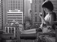 giantess collage city monochrome buildings asian short_hair sitting streets vehicles yukikaze holding_vehicle