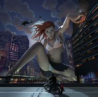 drawing giantess panties city upskirt color destruction rampage bra skirt helicopter angry low_angle red_hair skyscraper clouds night sky lights road motorcycle ripped_clothing looking_at_tiny