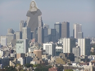 giantess collage city blonde clothed unknown_artist skyscrapers sky clothing looking_at_viewer