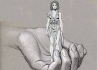 drawing monochrome handheld shrunken_woman ripped_clothing on_palm