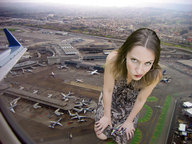 collage brunette kneeling airplane looking_up airport looking_at_viewer aircraft_wing holding_airplane