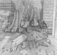 drawing feet city dragon monochrome destruction giant foot_crush people reptile streets vehicles raised_foot scalie 5-d