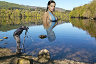 giantess collage cleavage water lake nature trees looking_at_viewer kelly_brook countryside photographer accasbel forest_lake