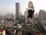 giantess collage city blonde buildings park kneeling fishnets skyscrapers houses looking_at_viewer docop kristen_bell