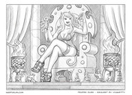 drawing giantess monochrome clothed small_men handheld worship cat_girl clothing throne imminent_vore