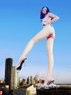 giantess collage city mega swimsuit destruction high_heels low_angle asian looking_down skyscraper sky under_foot point_of_view looking_at_viewer sjw flower_in_hair