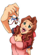 drawing giantess vore color clothed cleavage yuna final_fantasy final_fantasy_7 aerith_gainsborough shrunken_woman open_mouth dangle between_fingers jitensha imminent_vore final_fantasy_10 looking_at_tiny