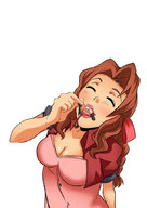 drawing giantess vore color tongue clothed mouth cleavage yuna final_fantasy final_fantasy_7 aerith_gainsborough shrunken_woman dangle between_fingers jitensha final_fantasy_10 looking_at_tiny