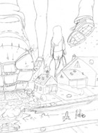 giantess crush mega destruction small_men unaware giantesses vehicles pencil_drawing neighborhood