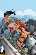drawing city mega comic black_hair color swimsuit cleavage bra giganta red_hair boots bondage skyscraper giantesses vehicles under_foot wonder_woman giantessfan leotard bracelet tiara lasso ropes leopard_print dc_comics loincloth
