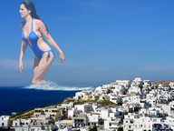 giantess collage swimsuit cleavage ocean buildings wet brunette wonderslug houses sky kelly_brook wading hillside
